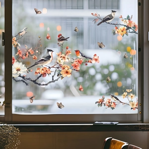 Floral branches and birds static cling window decals for glass home decoration