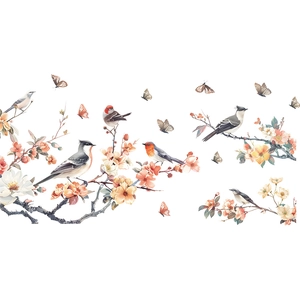 Detail of floral window cling featuring realistic birds and butterflies on magnolia branches