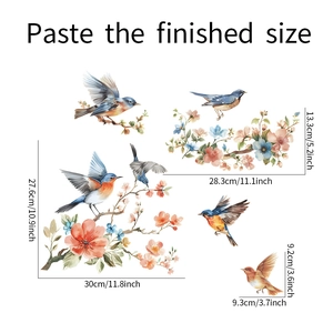 Detailed dimensions of watercolor bird and flower static window stickers on white background