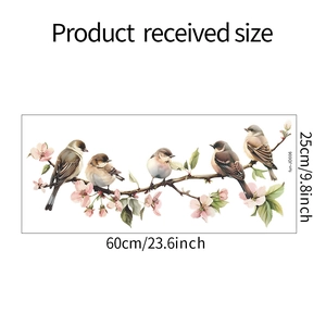 Detail view showing bird and flower static window sticker dimensions 60x25cm