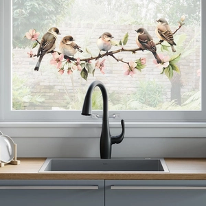 Five colorful birds on pink floral branches decorative static cling glass window film