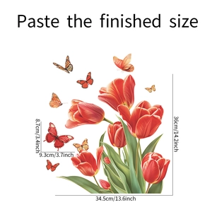 Detail view of tulip and butterfly static window cling with 36x34.5cm size dimensions