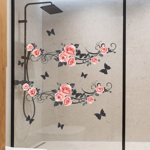 Sticker de fenêtre UV statique rose avec roses et papillons pour décor de maison