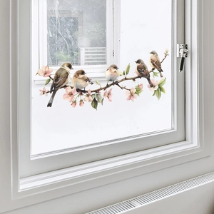 Floral branches and colorful birds static cling window film for home glass decoration