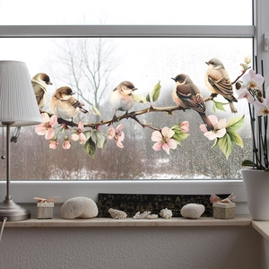 Static cling glass film with painted birds and flowers on branches for home window decoration