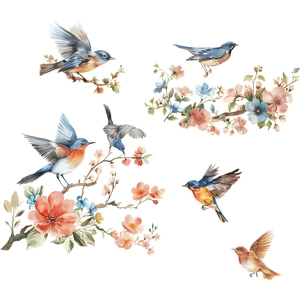 Detailed view of static window stickers with watercolor birds and floral branch designs