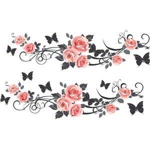 Détail de roses roses et de papillons noirs en autocollants statiques pour fenêtres
