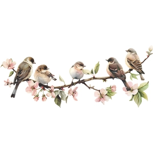 Detail of colorful birds perched on cherry blossom branches for glass window decoration