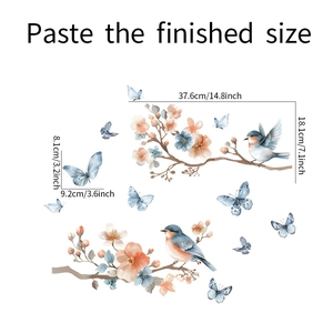 Floral branches and birds window sticker showing dimensions of 18.1 by 37.6 cm