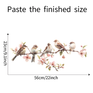 Detailed view of birds and cherry blossom window sticker with size measurements 56x23cm