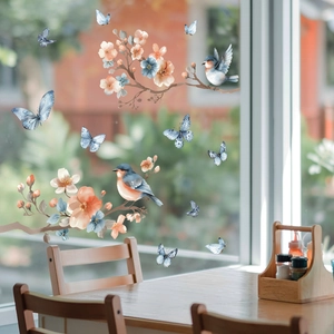 Floral window decals with birds and butterflies for home glass decoration