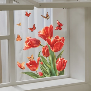 Fresh static window stickers with red tulips and colorful butterflies for home decor