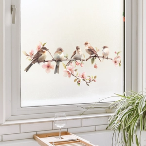 Floral window film featuring birds on cherry blossom branches for home glass decoration