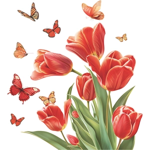 Static cling window film with colorful red tulips and butterflies for home decoration