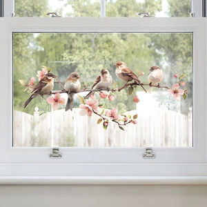 Colorful birds on blooming pink flower branches static cling glass window film decor