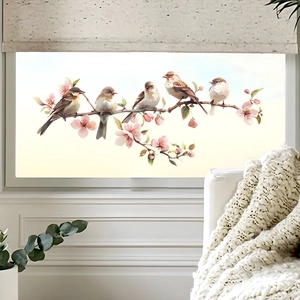 Detail of static window film featuring colorful birds on cherry blossom branches