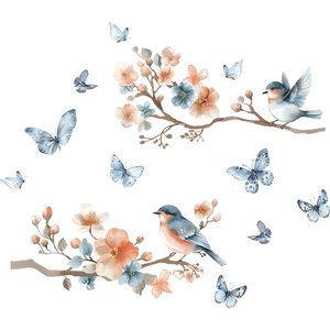 Artistic watercolor window stickers featuring pastel floral branches, birds and blue butterflies