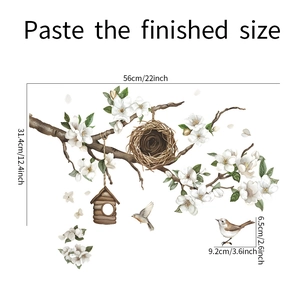 Detail of watercolor magnolia branches and bird nest static window film stickers