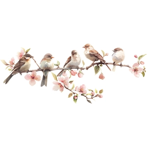 Close-up of watercolor birds perched on pink cherry blossom branches for glass decoration