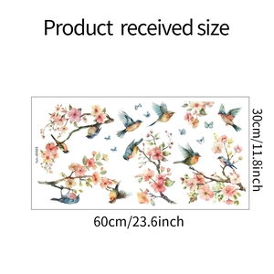 Detail showing static bird and flower window decal sheet with 60x30cm size measurements