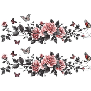 Détail de roses roses et de papillons colorés pour autocollants statiques de fenêtre