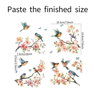 Detailed size measurement showing watercolor birds and flower static glass window clings