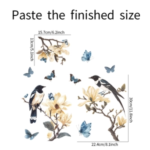 Detail showing hummingbird and magnolia glass stickers with precise paste size measurements