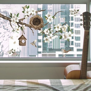 Floral magnolia branch and bird nest static cling glass window film for home decoration