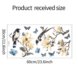 Detail view of bird and magnolia window sticker showing 30x60cm product dimensions
