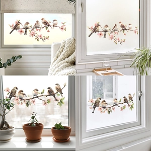 Bird And Flower Branch Static Cling Window Sticker Removable Glass Decal Privacy Film For Home Living Room Bedroom Decoration