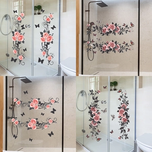 Autocollants de Fenêtre Statiques Rose Rose Papillon PVC Décoratifs Floraux Pour Vitre Salle de Bain Art de la Vigne