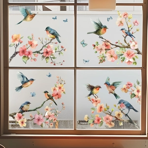 Detailed watercolor floral window film showing colorful birds and butterflies on glass