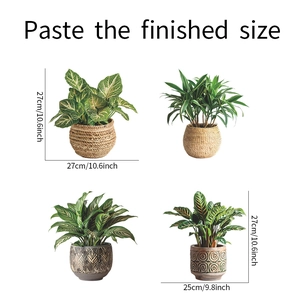 Guide des tailles détaillé pour quatre stickers de plantes en pot avec hauteur de 27cm
