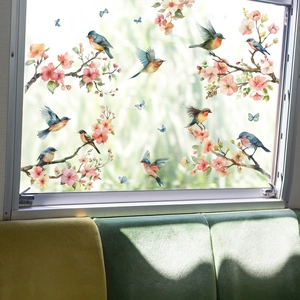 Watercoler floral and bird static window film stickers for home glass decoration