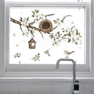 Floral magnolia branch and bird nest static glass window sticker for home decoration
