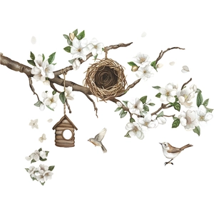 Static cling window film with watercolor magnolia branch, bird nest, and birdhouse design