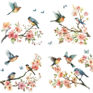 Detailed watercolor birds and cherry blossom window stickers in a four-grid design