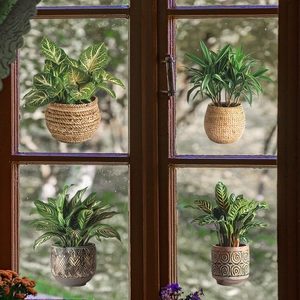 Stickers de fenêtre UV statiques avec plantes en pot vertes pour décoration intérieure