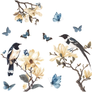 Stained glass hummingbird and magnolia flower static window decal for home decor