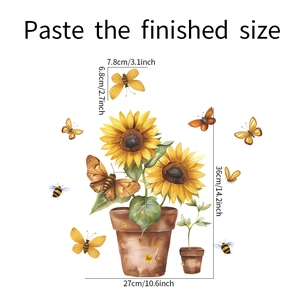Detailed view of watercolor sunflower window stickers with butterfly and bee accents