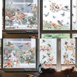 Watercolor Flower Branch Bird Butterfly Window Sticker Static Cling PVC Glass Decal For Home Living Room Bedroom Decoration