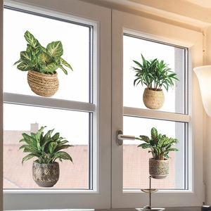 Film statique pour fenêtre avec plantes vertes en pot et motifs de porcelaine rétro