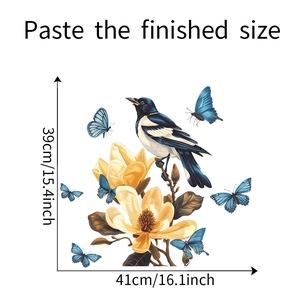 Static cling window sticker featuring magnolia branches, birds, and blue butterflies