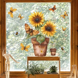 Detail of sunflower pot and butterfly window stickers with watercolor art style effects