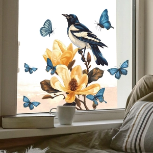 Magnolia Tree Branches Bird Static Window Sticker UV Printed Glass Cling Decal Butterfly Floral Decor For Home Living Room