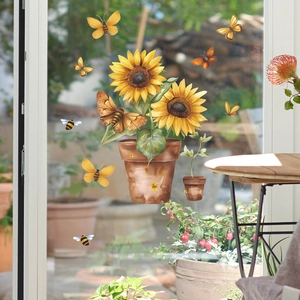 Detailed watercolor sunflower decal with bees and butterflies on a glass window