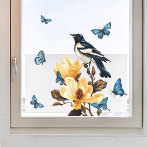 Static cling window film with magnolia blossoms, birds, and butterflies for home decoration