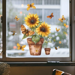 Detailed watercolor window decal of potted sunflowers with bees and butterflies