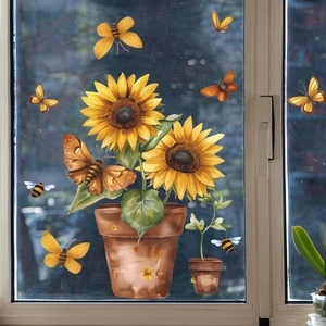 Static UV window film with potted sunflower, butterfly, and bee decals for home decor