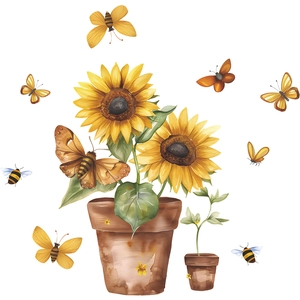 Detail of watercolor sunflower potted plant and butterflies static glass window sticker